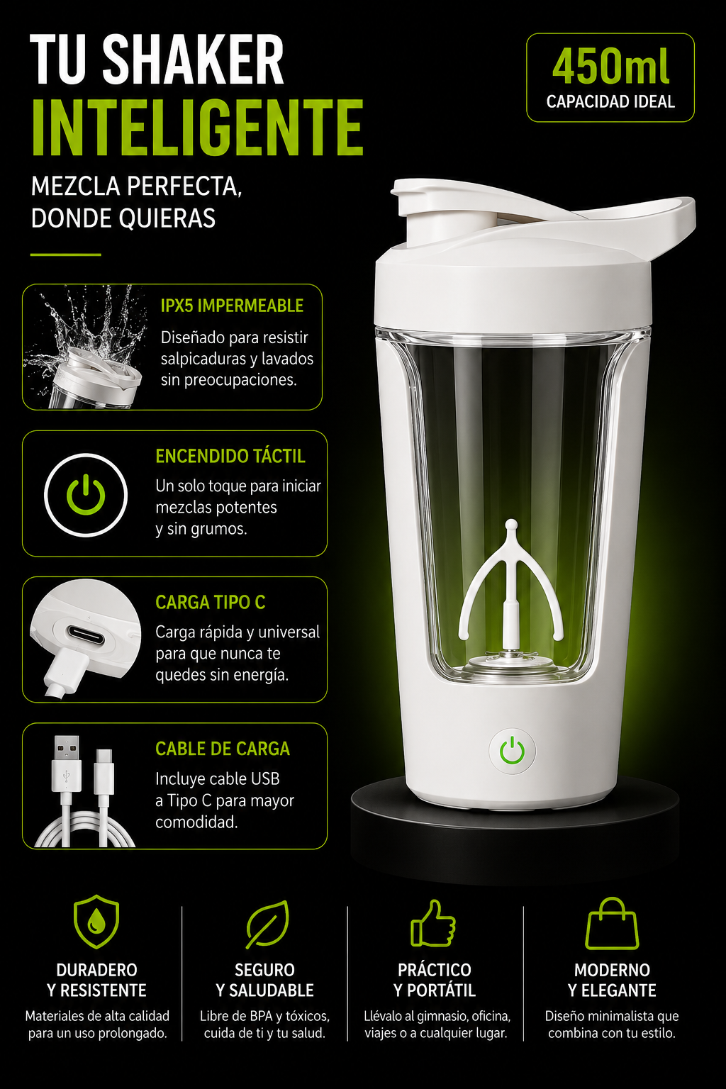 Shaker Eléctrico USB 450ml – Mezclador Portátil para Proteína y Batidos